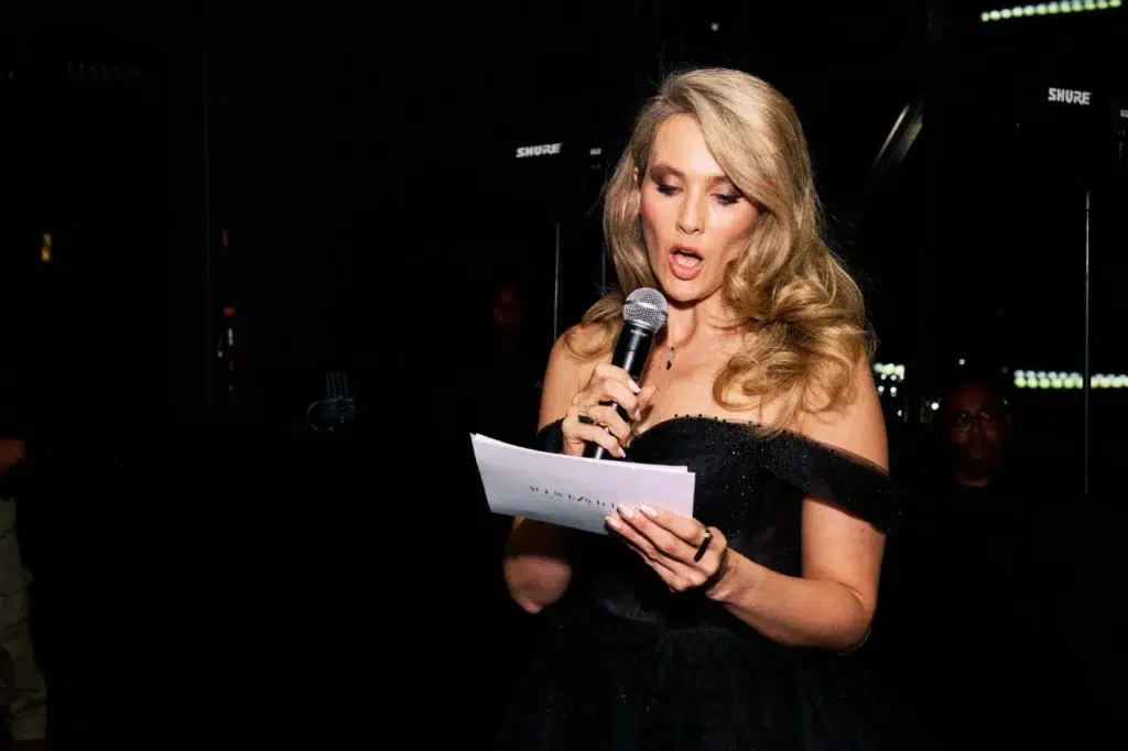 Catherine Constantinides, MC of the evening, speaking at Zeitz MOCAA in Cape Town. Captured by a professional event photographer