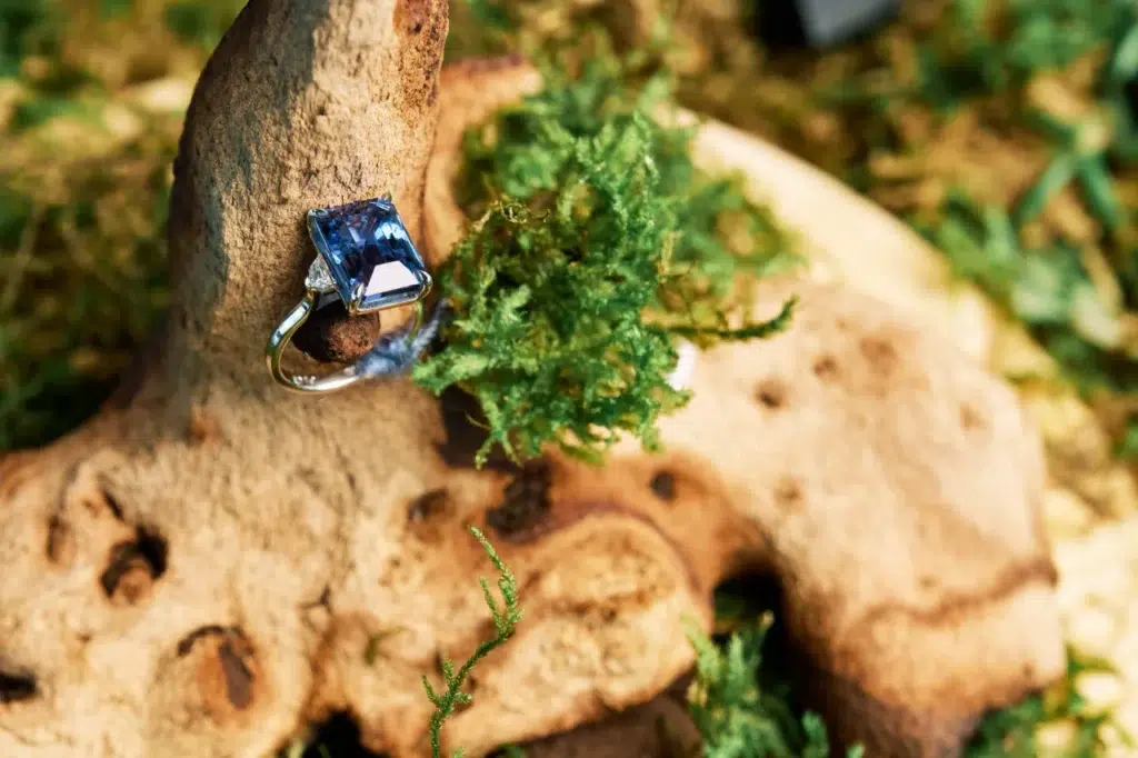 Close-up of a fine jewellery ring with a blue gemstone,  at the Mineshift event at Zeitz MOCAA. Captured by event photographer in Cape Town.