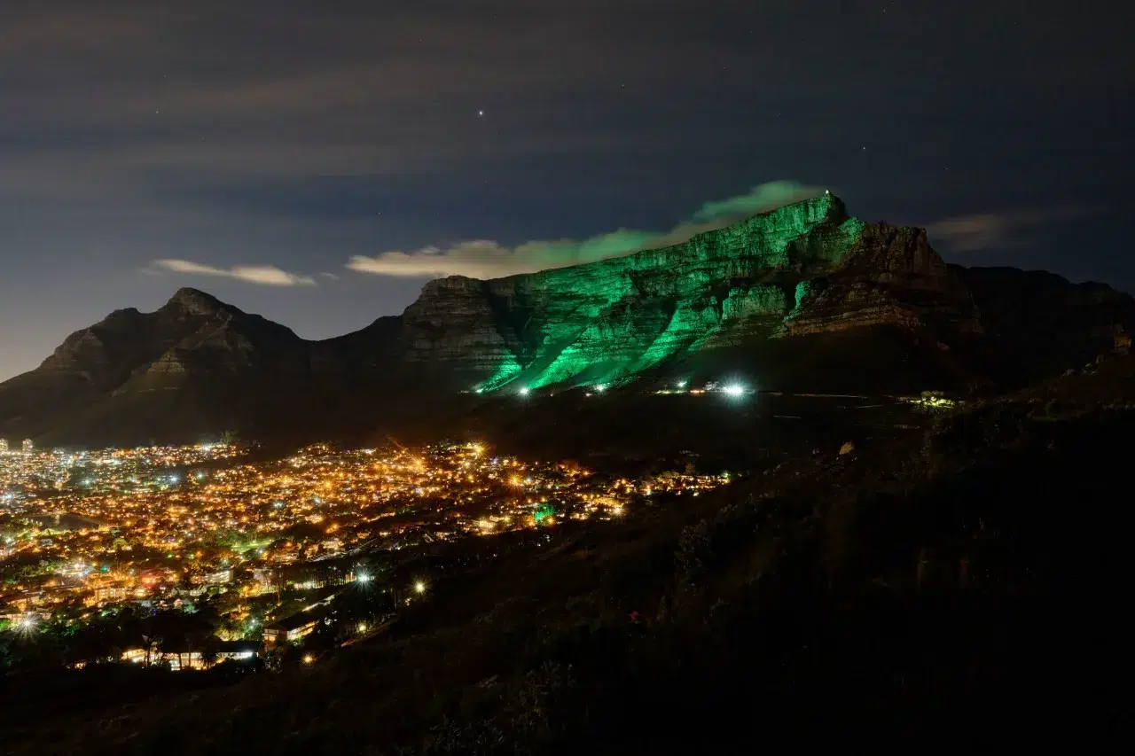 Table Mountain illuminated in green light to celebrate Earthshot Prize Awards 2024 in Cape Town